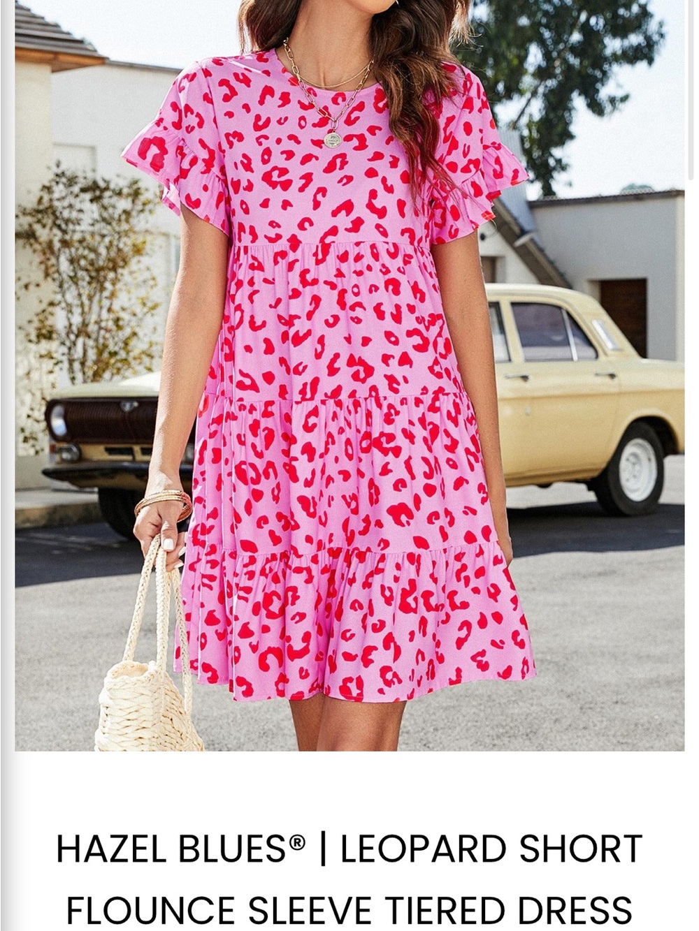 Pink Leopard Short Flounce Sleeve Tiered Dress - Picture 1 of 4